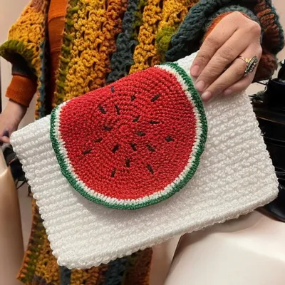 Clutches - Arduna Clutch –Handmade Crochet Fabric in White with Watermelon Design - MAISON ZOE