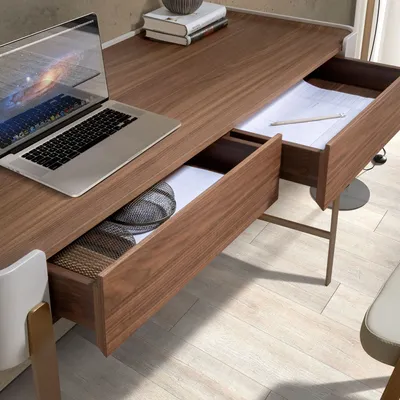 Desks - Desk in walnut, beige and golden polished steel - ANGEL CERDÁ