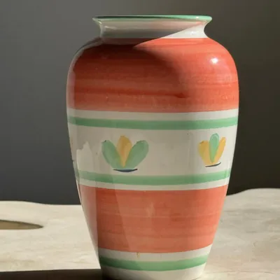 Vases - Large vintage pink vase with stylized yellow and green flower patterns H25 - OFFICE OBJETS