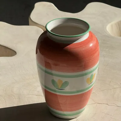 Vases - Large vintage pink vase with stylized yellow and green flower patterns H25 - OFFICE OBJETS