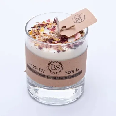 Candles - Small Scented Soy Wax  Candle With Rose Petals In Glass Container box of 6, Jasmine - BEAUTY SCENTS CANDLES