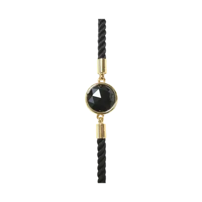 Bracelets - Round Faceted Black Obsidian Brass Rope Bracelet 12mm - ARABESK