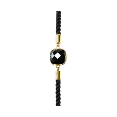 Bracelets - Faceted Square Black Obsidian Brass Rope Bracelet 11mm - ARABESK