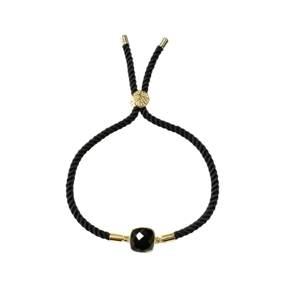 Bracelets - Faceted Square Black Obsidian Brass Rope Bracelet 11mm - ARABESK
