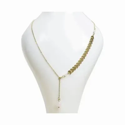 Jewelry - Gold Feather Chain Necklace in Y Shape Stainless Steel Rose Quartz A 8mm - ARABESK