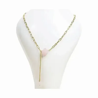 Bijoux - Collier Chaine Acier Inoxydable Doré Pendentif Croix Quartz Rose A Facetté - ARABESK