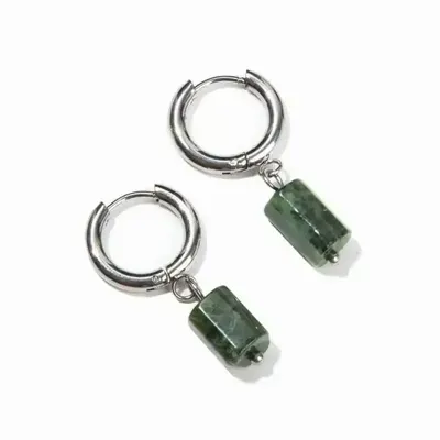 Jewelry - Nephrite Jade Stainless Steel Silver Cylinder Earrings Canada A 11mm - ARABESK