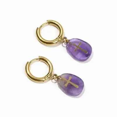 Jewelry - Gold Earrings in Stainless Steel Amethyst A and Cross 35mm - ARABESK