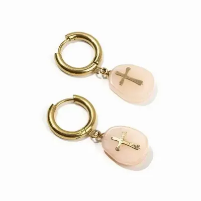 Jewelry - Gold Stainless Steel Aventurine Peach A & Cross Earrings 35mm - ARABESK