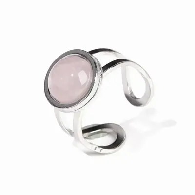 Bijoux - Bague en Acier Inoxydable Argentée Ronde Quartz Rose A - ARABESK