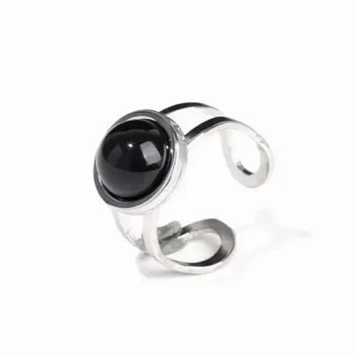 Bijoux - Bague en Acier Inoxydable Argentée Ronde Onyx Noir A - ARABESK