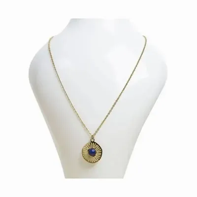 Bijoux - Collier Acier Inoxydable Doré avec Pendentif Rond Soleil Lapis Lazuli A - ARABESK