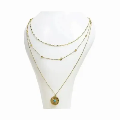 Bijoux - Collier Chaine Acier Inoxydable Doré Triple rang Pendentif Soleil Turquénite - ARABESK