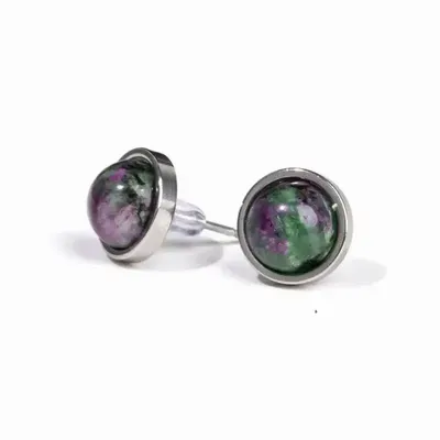 Jewelry - Round Stainless Steel Ruby Zoisite Stud Earrings 10mm - ARABESK
