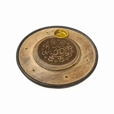 Scents - Chiseled Round Wooden Incense Holder Om 10cm x10 - ARABESK