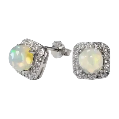 Bijoux - Boucles d'Oreilles Carrées Solitaire Argent 925 Opale & Strass AA 7.2mm - ARABESK