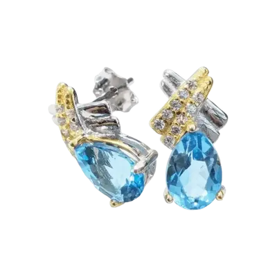 Jewelry - 925 Silver Oval Earrings Blue Topaz and Faceted Rhinestone AA 5x7mm - ARABESK