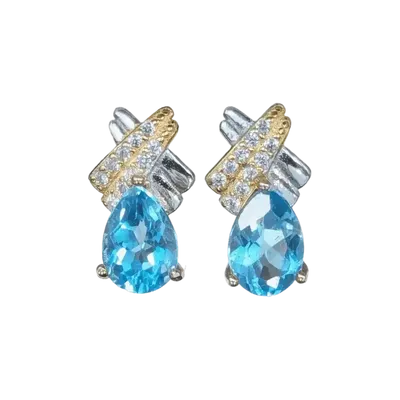 Jewelry - 925 Silver Oval Earrings Blue Topaz and Faceted Rhinestone AA 5x7mm - ARABESK