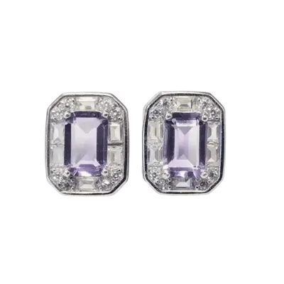 Jewelry - 925 Silver Square Earrings Amethyst and Faceted Rhinestone AA 4x6mm - ARABESK