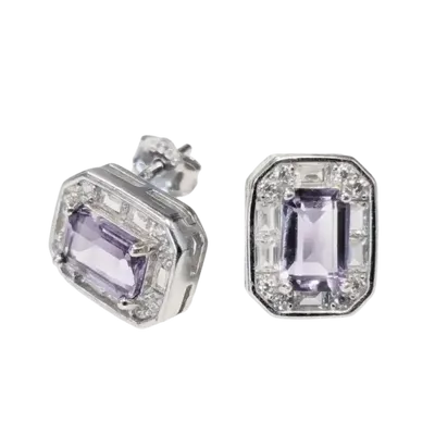 Bijoux - Boucles d'Oreilles Carrées Argent 925 Améthyste et Strass Facettée AA 4x6mm - ARABESK