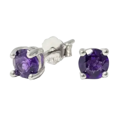 Bijoux - Boucles d'Oreilles Rondes Solitaire Améthyste Argent 925 Facettée AA 4mm - ARABESK