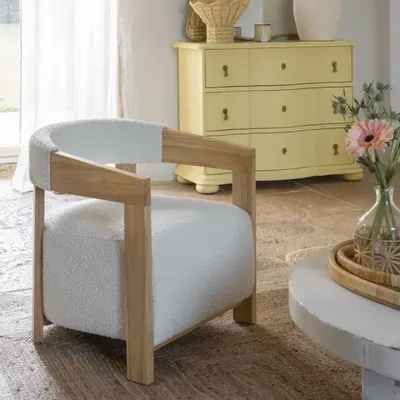 Armchairs - ARSÈNE armchair cream loop fabric rubberwood blond wood finish 60x66x66 - BLANC D'IVOIRE