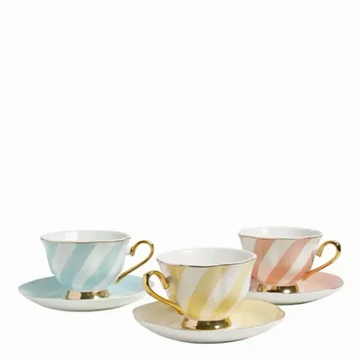 Tasses et mugs - Tasse à thé et sous-tasse Madame de Récamier rayures pastel - 3 assorties - MATHILDE M.