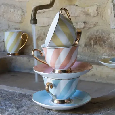 Tasses et mugs - Tasse à thé et sous-tasse Madame de Récamier rayures pastel - 3 assorties - MATHILDE M.