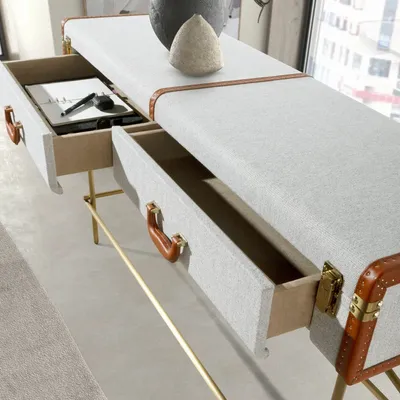 Console table - Rectangular console table, fabric, walnut and golden polished steel - ANGEL CERDÁ