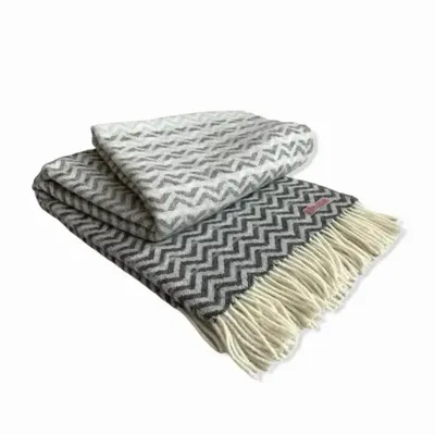 Throw blankets - Jacquard Wool blanket plaid, Zig-Zag-Wave, anthracite/grey - WOOL ONLY BY JOWOLLINA