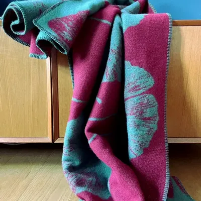 Throw blankets - Wool blanket plaid, Ginkgo Duck Green Bordeaux - WOOL ONLY BY JOWOLLINA