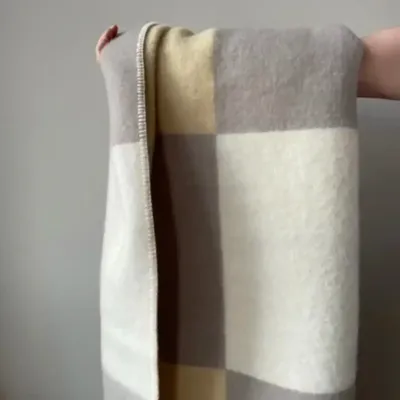 Throw blankets - Wool blanket plaid, Tricolor Square Vanilla Cashmere - WOOL ONLY BY JOWOLLINA