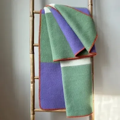 Throw blankets - Wool blanket plaid, Tricolor Square Lilac Green - WOOL ONLY BY JOWOLLINA