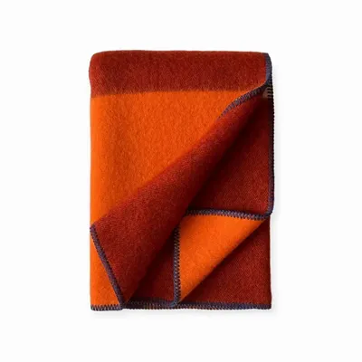 Throw blankets - Wool blanket plaid, Tricolor Square Papaya Chili - WOOL ONLY BY JOWOLLINA