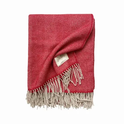Throw blankets - Wool blanket plaid, Herringbone Red Natural - WOOL ONLY BY JOWOLLINA