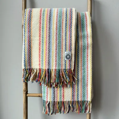 Plaids - Plaid couverture en laine, Rayure Blanc Cassé Coloré - WOOL ONLY BY JOWOLLINA