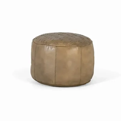 Ottomans - Round pouf covered in natural beige leather - GINER Y COLOMER