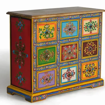 Chests of drawers - Mango wood chest of drawers with hand-painted multi-colored details - GINER Y COLOMER