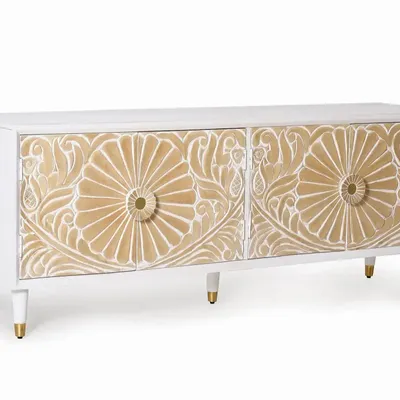 TV stands - White mango wood TV unit with gold accents - GINER Y COLOMER
