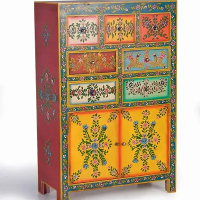 Chests of drawers - Mango wood chest of drawers with hand-painted multi-colored details - GINER Y COLOMER