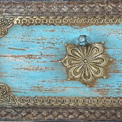 Storage boxes - Distressed black mango wood chest with blue details - GINER Y COLOMER