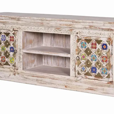 TV stands - Mango wood TV cabinet with ceramic details - GINER Y COLOMER