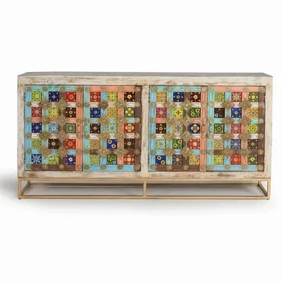 Buffets - Buffet en bois de manguier avec details en maiolique et pieds en métal - GINER Y COLOMER