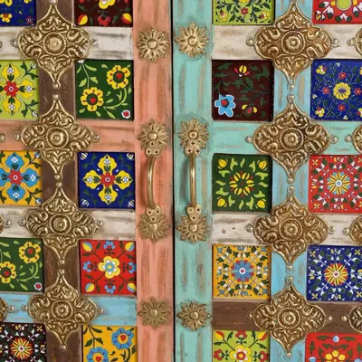 Sideboards - Mango wood sideboard with maiolica details and metal legs - GINER Y COLOMER