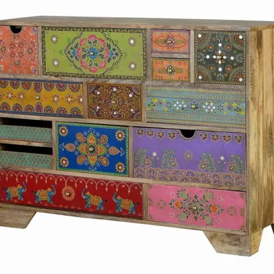 Chests of drawers - Mango wood chest of drawers with hand-painted multi-colored details - GINER Y COLOMER