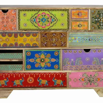 Chests of drawers - Mango wood chest of drawers with hand-painted multi-colored details - GINER Y COLOMER