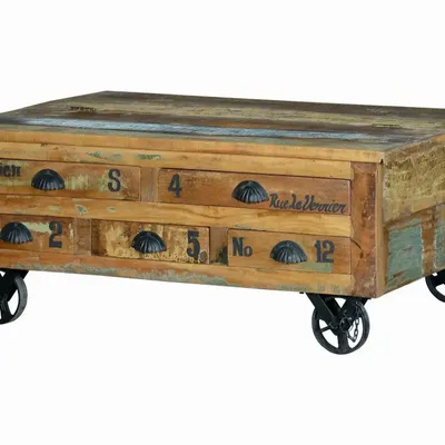 Coffee tables - Recycled wood coffee table and multi-colored metal casters - GINER Y COLOMER