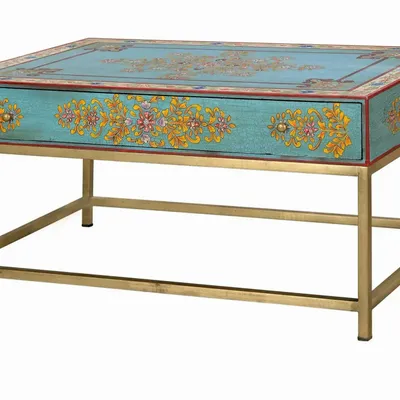 Coffee tables - Mango wood coffee table and gold and multi-colored metal legs - GINER Y COLOMER