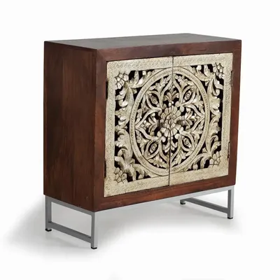 Buffets - Buffet 2 portes en bois de manguier sculptée et feuille d'argent - GINER Y COLOMER