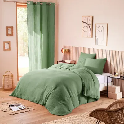 Linge de lit - Pack Housse de couette Complet 4 Pièces Gaze de Coton 260 x 240 cm Dh 180 Olive - COTON PUR
